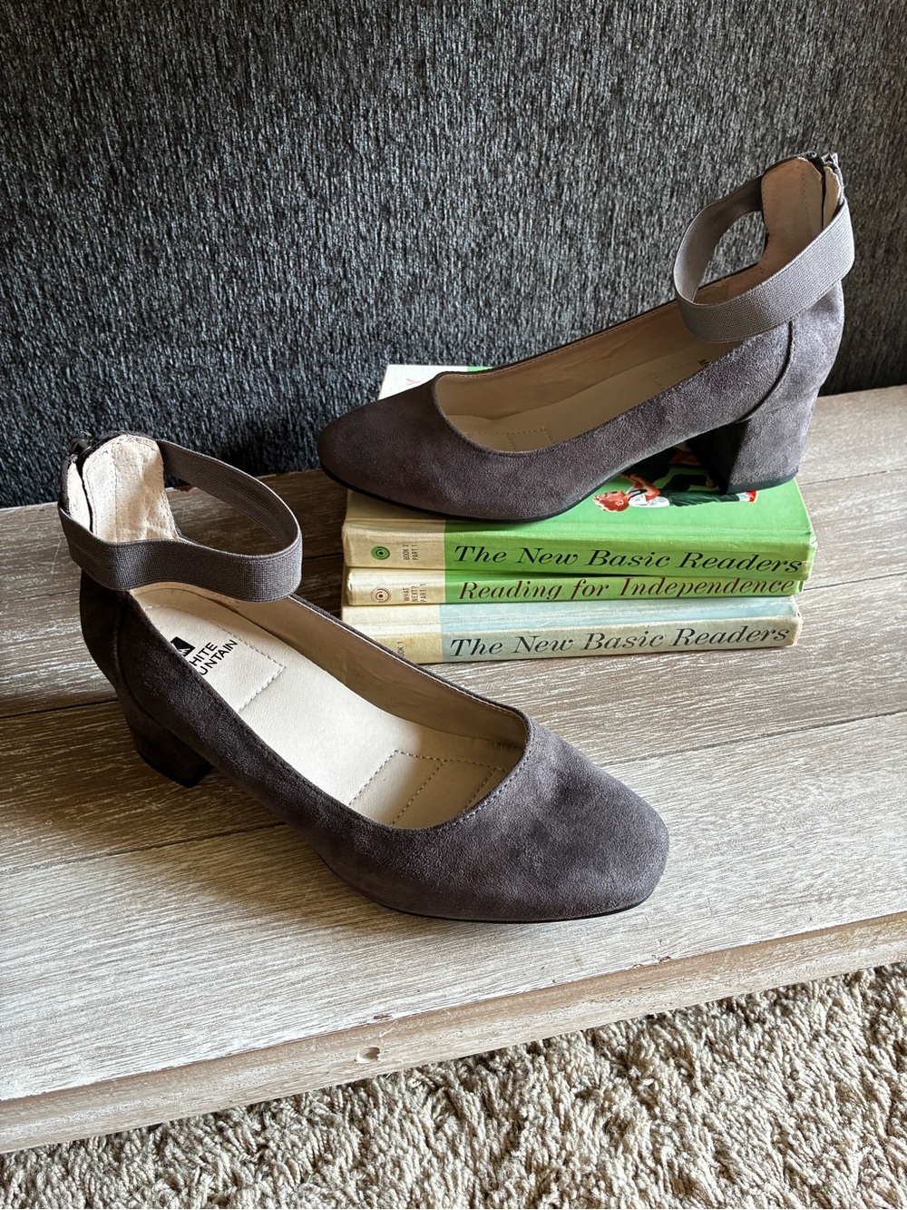 White Mountain Gray Suede Block Heel Ankle-Strap Pumps